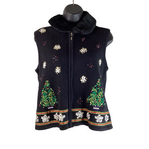 Vtg Mercer Street Studio Womens Sweater Vest Black ugly Christmas Petites PXL